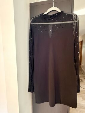 Crystal Doll Black Sheer Yoke Mini Dress with Studded Detail